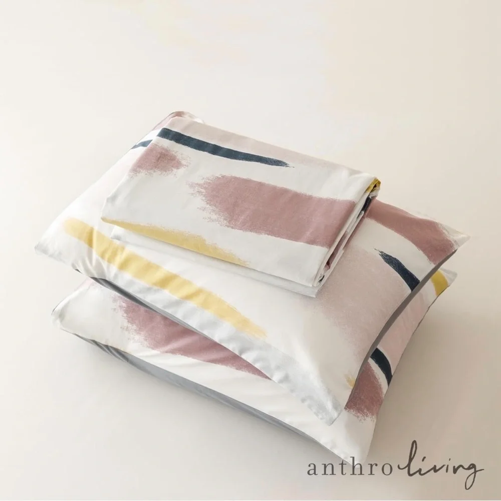 NEW Anthro White Abstract Colors Boho Cotton Queen King Bedding Duvet & Sham Set